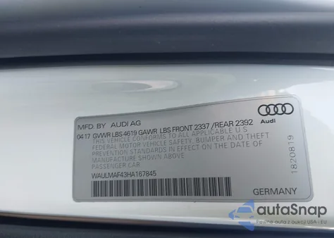 2017 Audi A4 2.0T Ultra Premium из США, поврежденный, VIN WAULMAF43HA167845